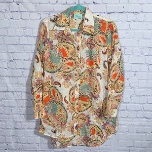 True Destinations Womens Paisley Button Down Top Multi Color Size M Boho Hippie